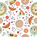 Seamless vector pattern. Pie on plate, coffee, piece of pie, orange, grapefruit, blueberries, strawberry, croissants isolated on