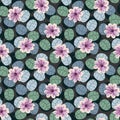Seamless vector pattern with pink flowers and muted green leaves on a dark background Royalty Free Stock Photo