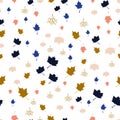 Seamless vector pattern with pink, gold and blue maple leaves on a white background. Modern trendy botanical texture for Royalty Free Stock Photo