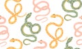 Seamless vector pattern with pink, green and yellow snakes. Cartoon texture with serpents on white background. Surface design