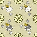 Seamless vector pattern of piped meringue swirls and lemon slices on a textured background Royalty Free Stock Photo