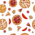 Seamless vector pattern with pizza, slices, tomato, onion rings, mushrooms, and pepperoni isolated on white background. Vector ill