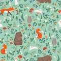 Seamless vector pattern, playful forest animals, mushrooms and wild berries