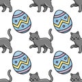 Seamless vector pattern of playful grey cats interacting with decorated Easter eggs in a whimsical, flat illustration style Royalty Free Stock Photo