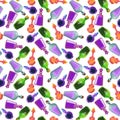 Seamless vector pattern of poison bottles. A set of colored glass bottles. Poisons, potions, liquids in containers. Halloween jars