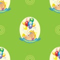 Seamless vector pattern with pony and balloons on green background