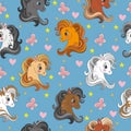 Seamless vector pattern with pony heads and flowers blue