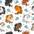 Seamless vector pattern with pony heads and flowers