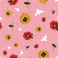 Seamless vector pattern poppies and bees illustration