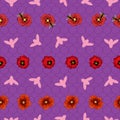 Seamless vector pattern poppies and bees on purple textured background design