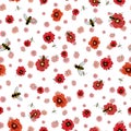 Seamless vector pattern poppies and bees on white background