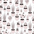 Seamless vector pattern with potted plants in pink colors