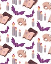 Seamless vector pattern Prediction the future, Magic, Mystic. Attributes of occultism: candles, skull, magic books, bat