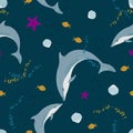 Seamless vector pattern with pretty dolphins