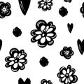 Seamless vector pattern with primitive black and white stylized flowers and hearts Royalty Free Stock Photo