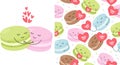 Set of illustrations for Valentine's Day products. Two macaroons cakes hugging each other. Pattern with macaroons