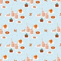 Seamless vector pattern with pumpkin, pie, cookies with chocolate, spicy coffee latte, cupcakes, cake, donuts, roll. Royalty Free Stock Photo