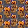 Seamless vector pattern pumpkin smile scary face and cute ghosts  for halloween party isolated on grey background. Royalty Free Stock Photo