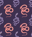 Seamless vector pattern with purple and pink snakes. Cartoon texture with pythons on purple background. Surface design with