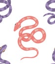 Seamless vector pattern with purple and pink snakes. Cartoon texture with pythons on white background. Surface design with Royalty Free Stock Photo