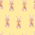 Seamless vector pattern with rabbit and carrots. Vector illustration for fabric, texture, wallpaper, poster, postcard Royalty Free Stock Photo