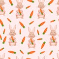 Seamless vector pattern with rabbit and carrots. Vector illustration for fabric, texture, wallpaper, poster, postcard Royalty Free Stock Photo