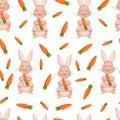 Seamless vector pattern with rabbit and carrots. Vector illustration for fabric, texture, wallpaper, poster, postcard Royalty Free Stock Photo