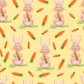 Seamless vector pattern with rabbit and carrots. Vector illustration for fabric, texture, wallpaper, poster, postcard Royalty Free Stock Photo