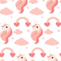 Seamless vector pattern with rainbow and unicorns. Hand drawn cute unicorn, pink clouds and rainbow, seamless design