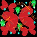 Seamless vector pattern with red butterflies, dragonflies and raindrops on a black background. Royalty Free Stock Photo