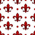 Seamless vector pattern of red fleur-de-lis and polka dots on a white background Royalty Free Stock Photo