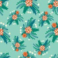 Seamless vector pattern red flower bouquets on a teal background. Flat Scandinavian vintage style abstract florals and