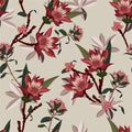 Seamless vector pattern with red flowers and leaves. Vintage garden floral mood background.pattern for fashion,fabric and all Royalty Free Stock Photo