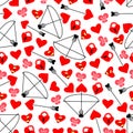 Seamless vector pattern of red hearts, bows and arrows on a white background. Valentine`s day background. Flat design endless chao Royalty Free Stock Photo