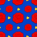 Seamless vector pattern - red roses and golden hearts Royalty Free Stock Photo