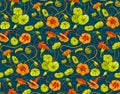 Seamless vector pattern with red and yellow nasturtium flowers and leaves on dark blue background