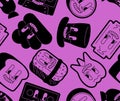 Seamless vector pattern of retro cartoon faces on a purple background. Perfect for textile, packaging, and creative projects. Royalty Free Stock Photo