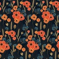 Seamless vector pattern with retro poppy and field flowers