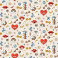 Seamless vector pattern retro vintage 70s groovy hippy style. Cartoon flowers, rainbow, lips, eyes with tear, roller Royalty Free Stock Photo