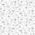 Seamless vector pattern retro vintage 70s groovy hippy style. Doodle flowers, rainbow, lips, eyes with tear, roller Royalty Free Stock Photo