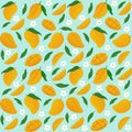 Seamless Mango Pattern â Ripe Yellow Mangoes, Slices, Leaves and Flowers on Light Blue Background Royalty Free Stock Photo