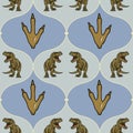 Seamless vector pattern of roaring T-Rex dinosaurs and their footprints on a pastel background Royalty Free Stock Photo