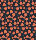 Seamless vector pattern with sakura branches and flowers on a blue background. Japanese texture with cartoon flowers. Floral Royalty Free Stock Photo