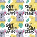 Seamless vector pattern Save Koala Bears with leaf Australia