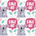 Seamless vector pattern Save Koala Bears with leaf Australia