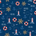 Seamless vector pattern with sea anchors, helms, lifebuoys, seagulls and lighthouses. Texture for wrapping paper, gifts Royalty Free Stock Photo