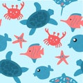 Seamless vector pattern with sea animals - fishes, turtle, starfish, rump fish, crab. For textile, clothes, sets of bed-linen, etc