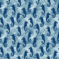 Seamless vector pattern with seahorses on textured blue background