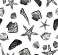 Seamless vector pattern with seashells and starfish in monochrome color on white background. Watercolor texture. Royalty Free Stock Photo