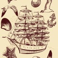 Seamless vector pattern with ship, shells and sea-gulls